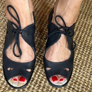 Fly London Black Leather Wedge Sandals